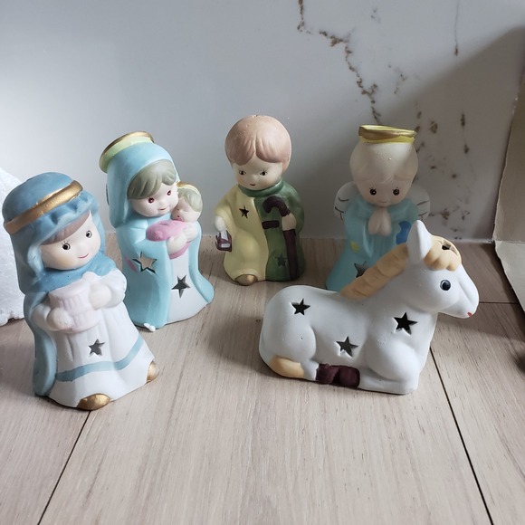 Porcelain Nativity Set Lighted 5pc Christmas Figures Pastel Children Retro W Box - Picture 3 of 7